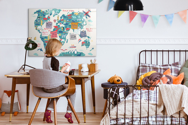 Decoratief glazen wandbord beschrijfbaar en magnetisch Interactieve wereldkaart met magneten