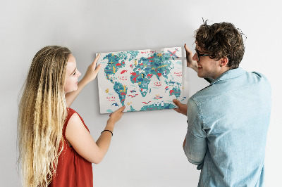 Decoratief glazen wandbord beschrijfbaar en magnetisch Interactieve wereldkaart met magneten