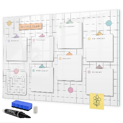Memobord van glas met print inclusief neodymium magneten Weekplanning met ruimte voor foto's