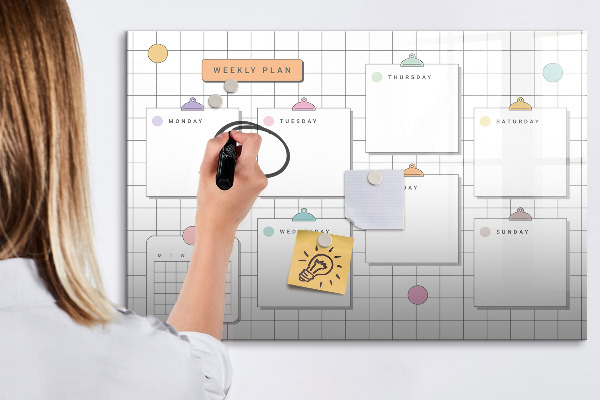 Memobord van glas met print inclusief neodymium magneten Weekplanning met ruimte voor foto's