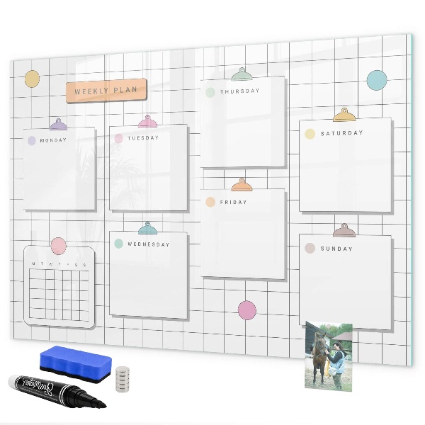 Memobord van glas met print inclusief neodymium magneten Weekplanning met ruimte voor foto's
