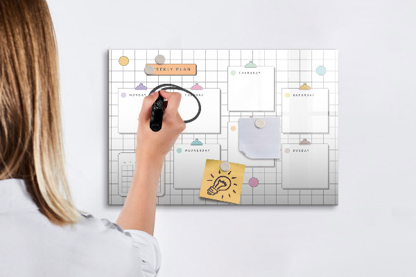 Memobord van glas met print inclusief neodymium magneten Weekplanning met ruimte voor foto's