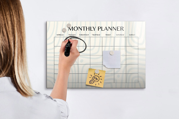 Decoratief glazen wandbord beschrijfbaar en magnetisch Maandplanner met ruimte voor foto's