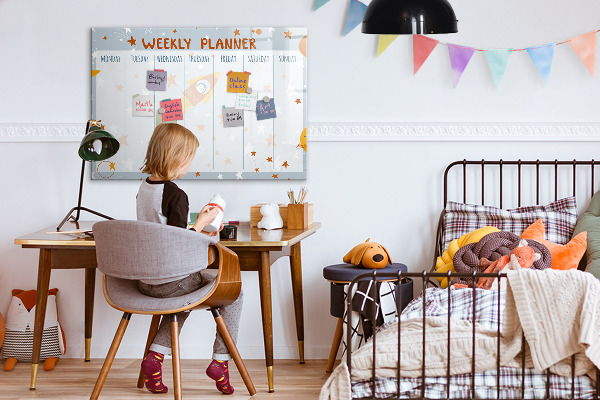 Decoratief glazen wandbord beschrijfbaar en magnetisch Weekplanner met ruimte voor foto's