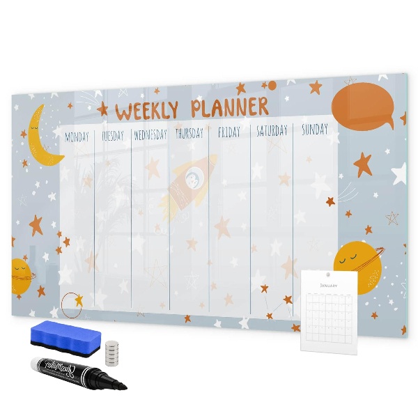 Decoratief glazen wandbord beschrijfbaar en magnetisch Weekplanner met ruimte voor foto's
