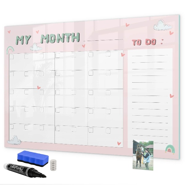 Memobord van glas met print inclusief neodymium magneten Maandelijkse planning met vrienden en foto's