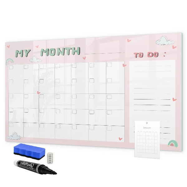 Memobord van glas met print inclusief neodymium magneten Maandelijkse planning met vrienden en foto's
