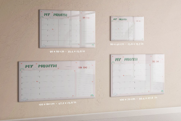 Memobord van glas met print inclusief neodymium magneten Maandelijkse planning met vrienden en foto's