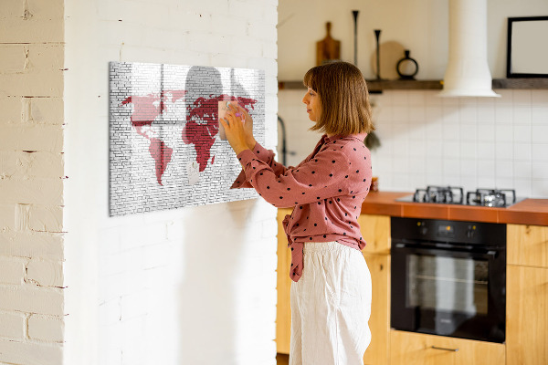 Decoratief glazen wandbord beschrijfbaar en magnetisch Wereldkaart met fotolocaties