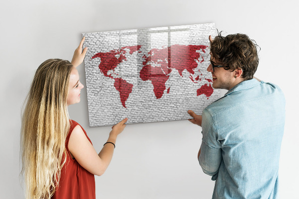 Decoratief glazen wandbord beschrijfbaar en magnetisch Wereldkaart met fotolocaties