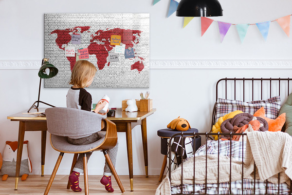 Decoratief glazen wandbord beschrijfbaar en magnetisch Wereldkaart met fotolocaties