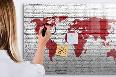 Decoratief glazen wandbord beschrijfbaar en magnetisch Wereldkaart met fotolocaties