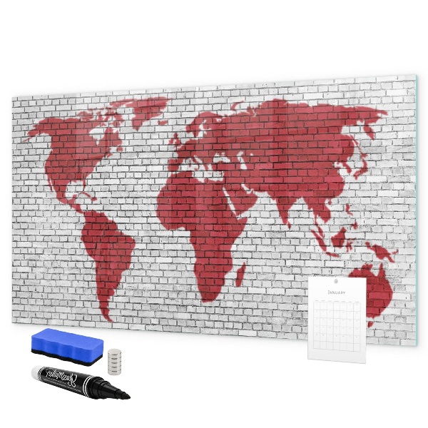 Decoratief glazen wandbord beschrijfbaar en magnetisch Wereldkaart met fotolocaties