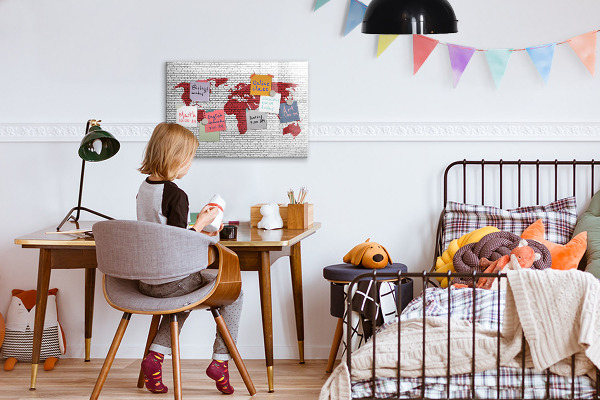 Decoratief glazen wandbord beschrijfbaar en magnetisch Wereldkaart met fotolocaties