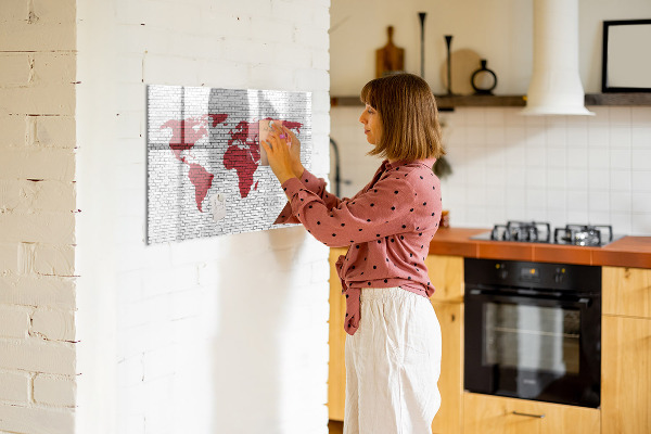 Decoratief glazen wandbord beschrijfbaar en magnetisch Wereldkaart met fotolocaties