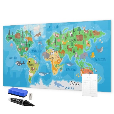 Memobord van glas met print inclusief neodymium magneten Kleurrijke wereldkaart met magneten