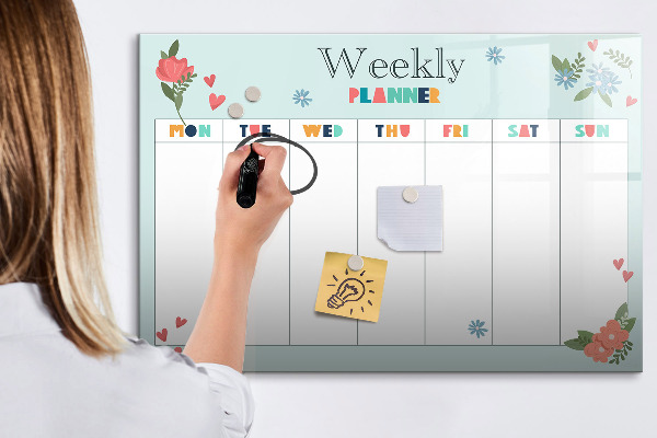 Decoratief glazen wandbord beschrijfbaar en magnetisch Weekplanner met ruimte voor foto's