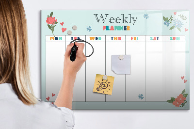 Decoratief glazen wandbord beschrijfbaar en magnetisch Weekplanner met ruimte voor foto's