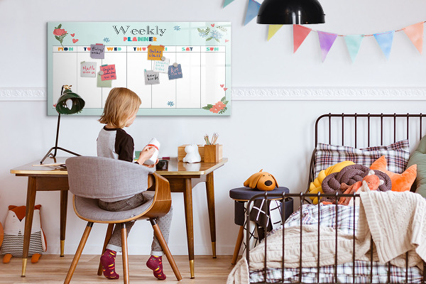 Decoratief glazen wandbord beschrijfbaar en magnetisch Weekplanner met ruimte voor foto's