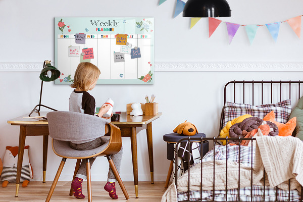 Decoratief glazen wandbord beschrijfbaar en magnetisch Weekplanner met ruimte voor foto's