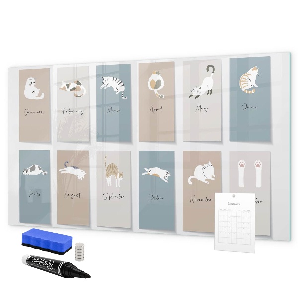 Decoratief glazen wandbord beschrijfbaar en magnetisch Een creatieve kalender voor elk seizoen.