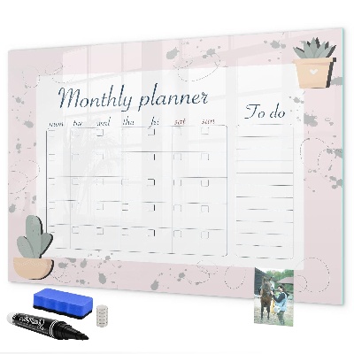 Memobord van glas met print inclusief neodymium magneten Maandplanner met ruimte voor foto's