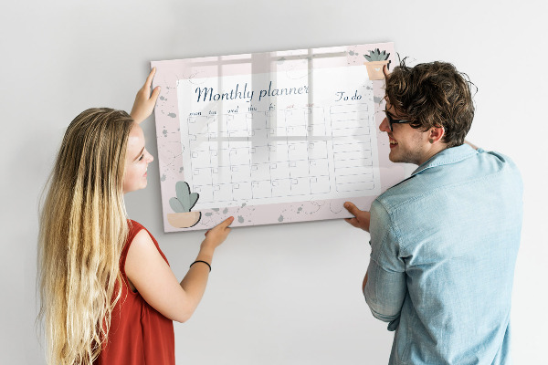 Memobord van glas met print inclusief neodymium magneten Maandplanner met ruimte voor foto's