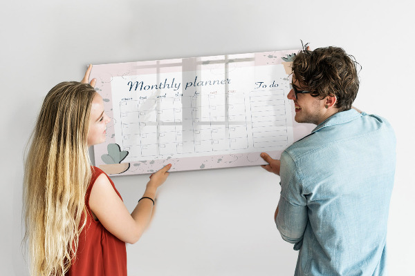 Memobord van glas met print inclusief neodymium magneten Maandplanner met ruimte voor foto's