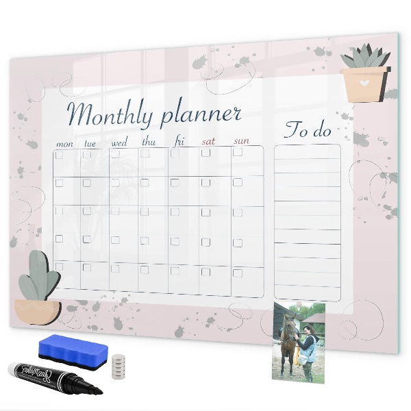 Memobord van glas met print inclusief neodymium magneten Maandplanner met ruimte voor foto's