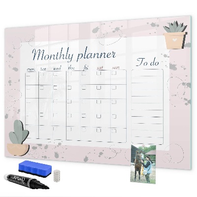 Memobord van glas met print inclusief neodymium magneten Maandplanner met ruimte voor foto's