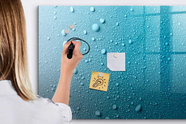 Decoratief glazen wandbord beschrijfbaar en magnetisch Blauw bord met magneten en foto's