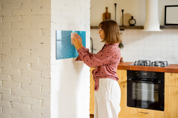 Decoratief glazen wandbord beschrijfbaar en magnetisch Blauw bord met magneten en foto's