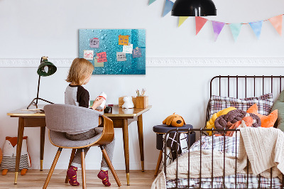 Decoratief glazen wandbord beschrijfbaar en magnetisch Blauw bord met magneten en foto's