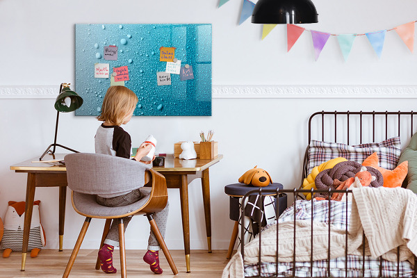 Decoratief glazen wandbord beschrijfbaar en magnetisch Blauw bord met magneten en foto's