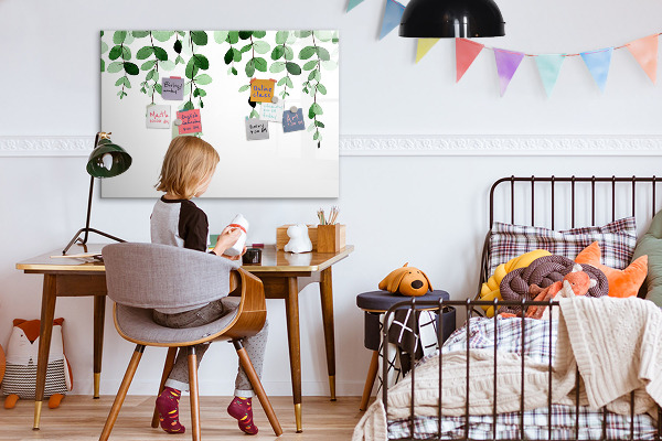 Memobord van glas met print inclusief neodymium magneten Groene bladeren en foto's aan de muur