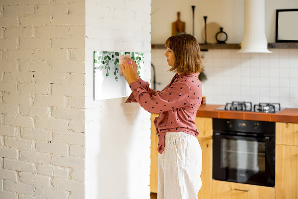 Memobord van glas met print inclusief neodymium magneten Groene bladeren en foto's aan de muur