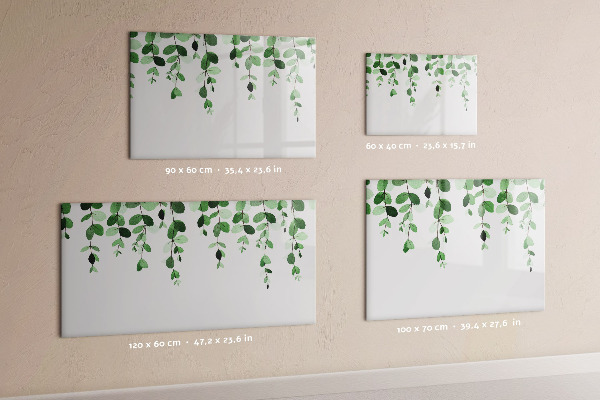 Memobord van glas met print inclusief neodymium magneten Groene bladeren en foto's aan de muur