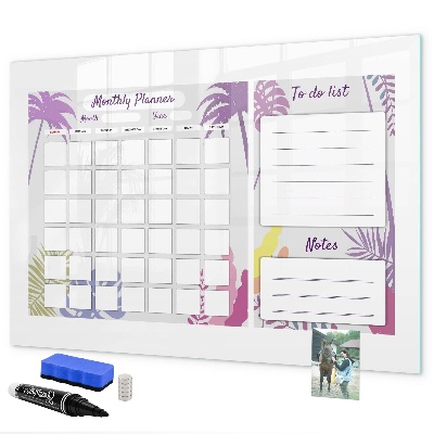 Decoratief glazen wandbord beschrijfbaar en magnetisch Maandplanner met ruimte voor foto's