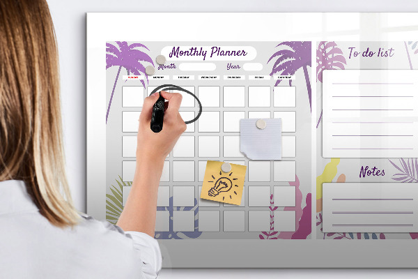 Decoratief glazen wandbord beschrijfbaar en magnetisch Maandplanner met ruimte voor foto's