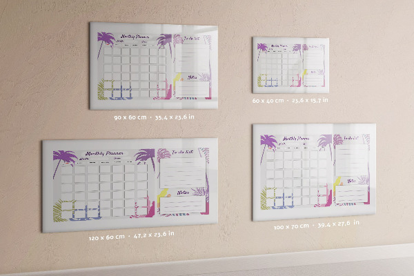 Decoratief glazen wandbord beschrijfbaar en magnetisch Maandplanner met ruimte voor foto's