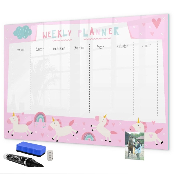 Decoratief glazen wandbord beschrijfbaar en magnetisch Eenhoorn weekplanner