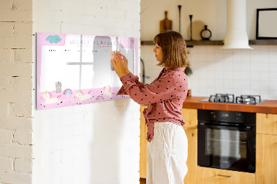 Decoratief glazen wandbord beschrijfbaar en magnetisch Eenhoorn weekplanner