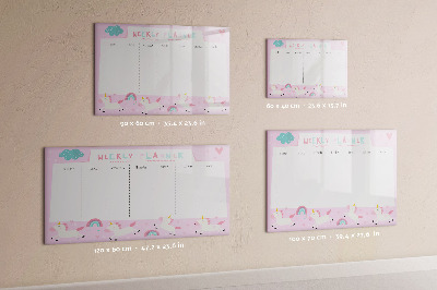 Decoratief glazen wandbord beschrijfbaar en magnetisch Eenhoorn weekplanner