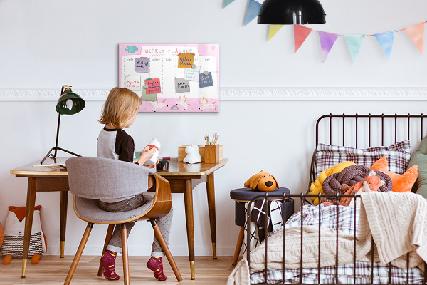 Decoratief glazen wandbord beschrijfbaar en magnetisch Eenhoorn weekplanner