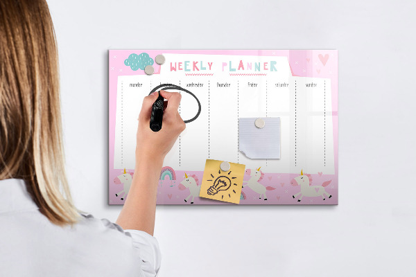 Decoratief glazen wandbord beschrijfbaar en magnetisch Eenhoorn weekplanner