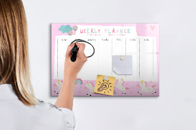 Decoratief glazen wandbord beschrijfbaar en magnetisch Eenhoorn weekplanner