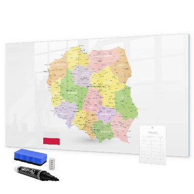 Memobord van glas met print inclusief neodymium magneten Interactieve kaart van Polen voor personalisatie