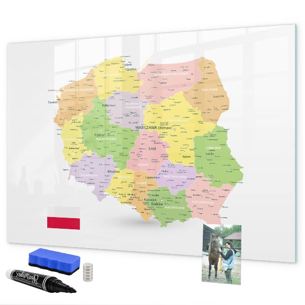 Memobord van glas met print inclusief neodymium magneten Interactieve kaart van Polen voor personalisatie