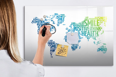 Decoratief glazen wandbord beschrijfbaar en magnetisch Een wereld vol ideeën en positiviteit.