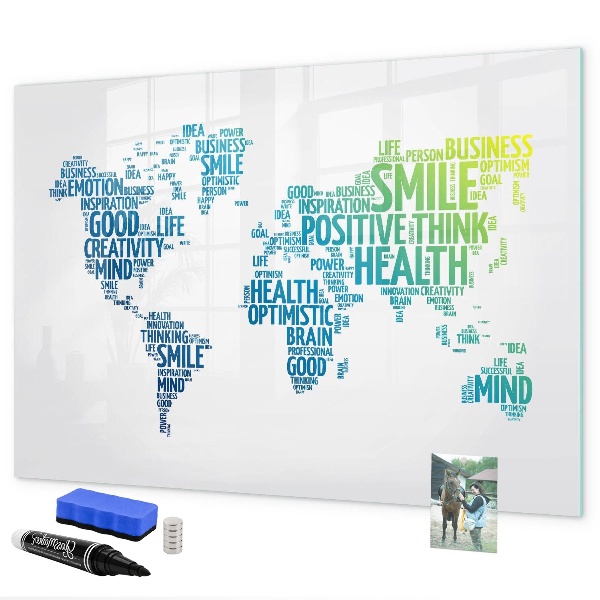 Decoratief glazen wandbord beschrijfbaar en magnetisch Een wereld vol ideeën en positiviteit.